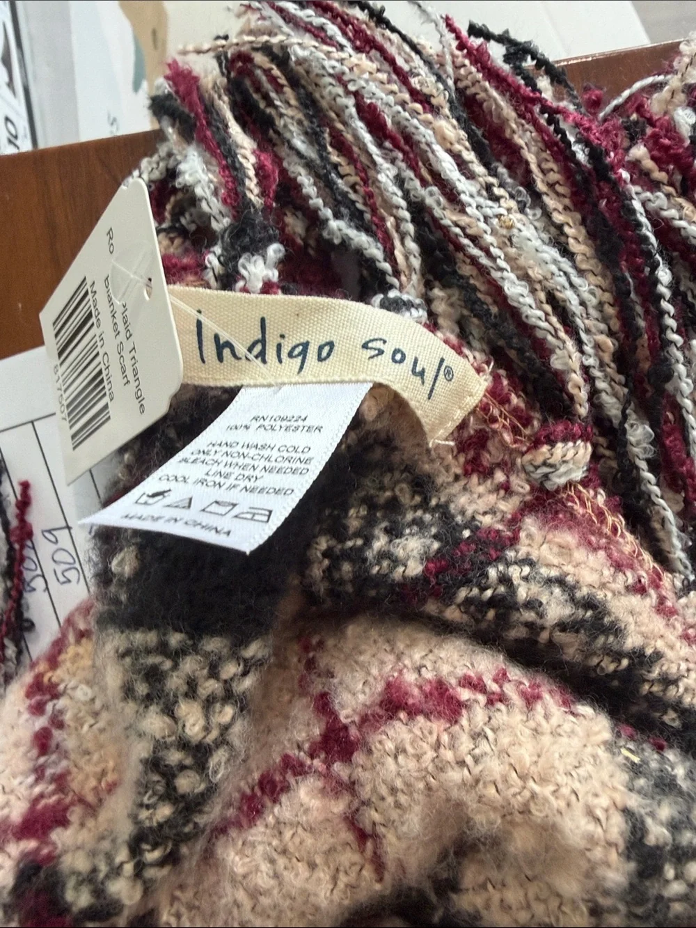 indigo soul Burgundy Plaid‎ Fringed Triangle Scarf